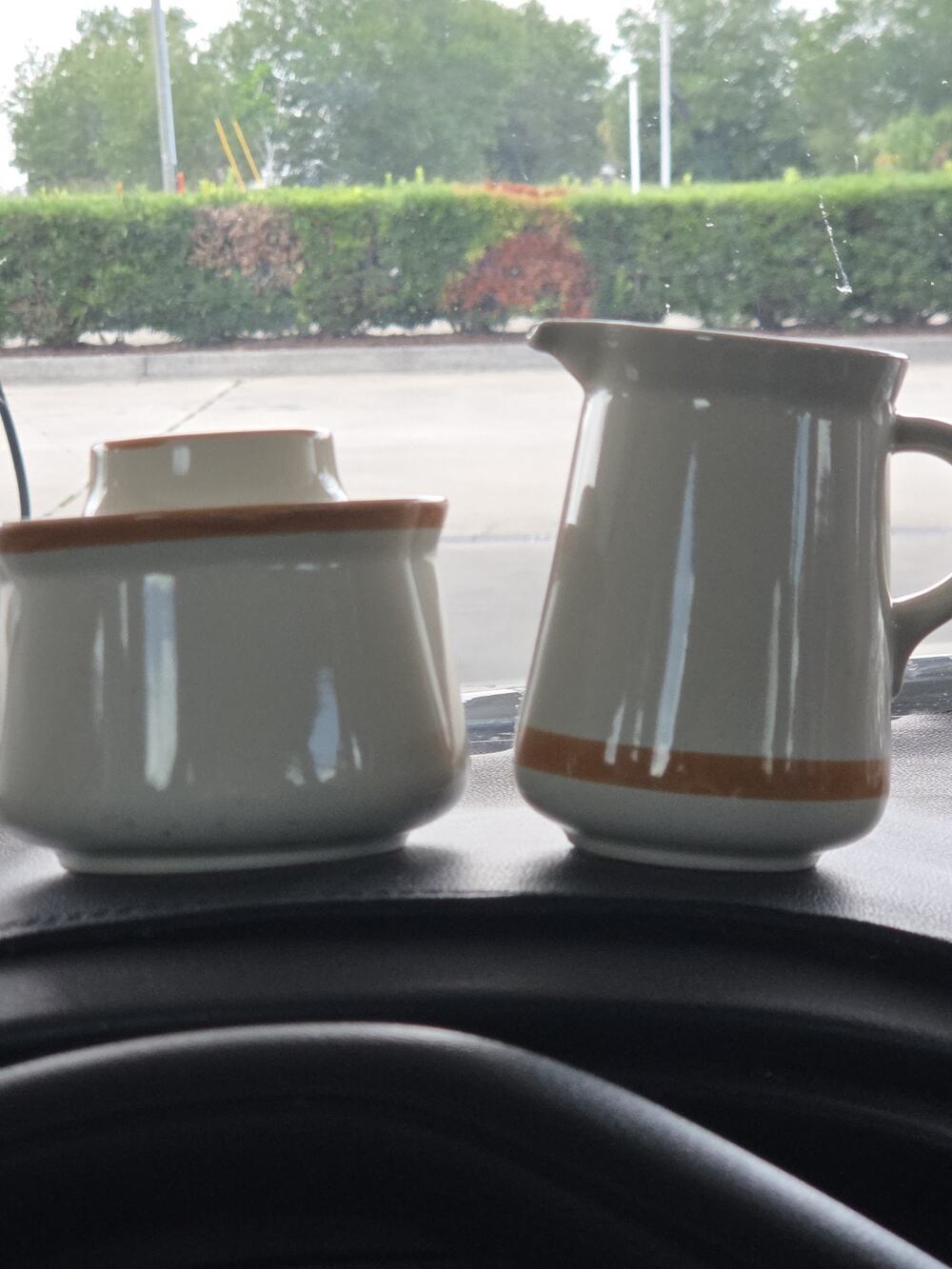 Vintage MCM Andre Ponche Stonecrest Cream and Sugar Bowl wLid Korea Beige Brown